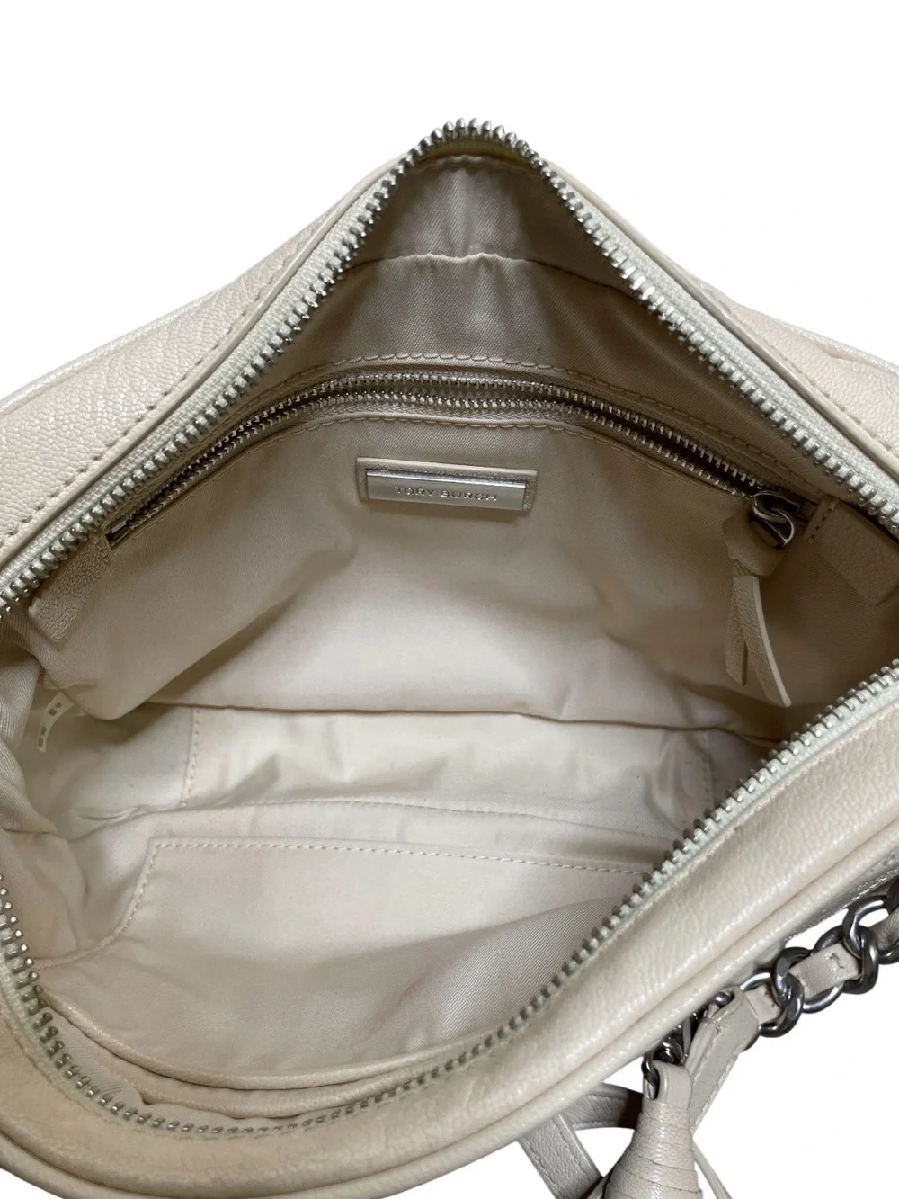 Tory Burch Fleming Camera Beige Quilted Logo Crossbody Bag